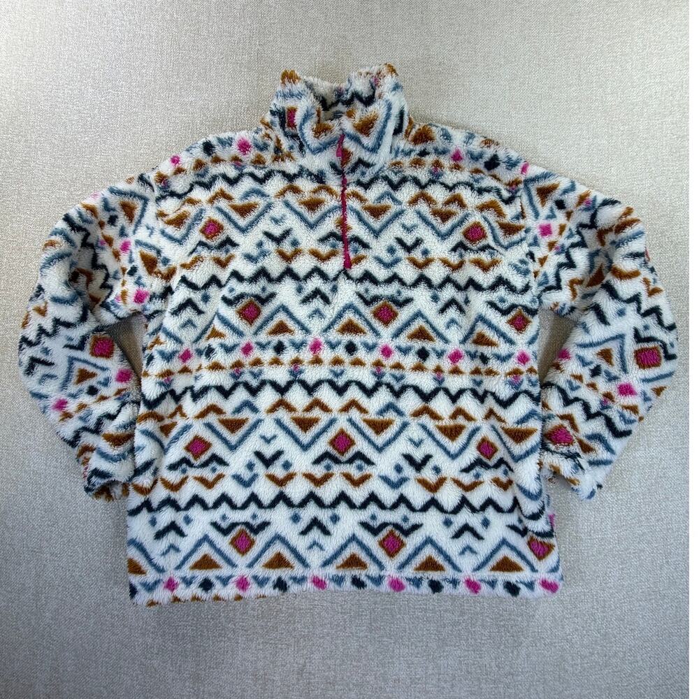 Eddie Bauer Women's XL White Pink Aztec Sherpa 1/4 Zip Pullover Fleece Top Cozy